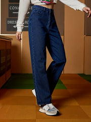 High Waist Straight Jeans Loose Fit High Rise Slash Pockets Denim Pants
