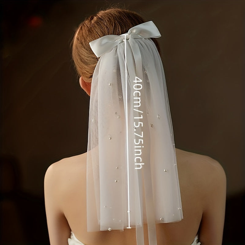 Vintage Mesh Head Veil with Comb Faux Pearl Bridal Wedding Hair Accessory