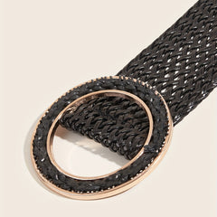 Round Buckle Braided Belt Hollow Out Wide Waistband for Women