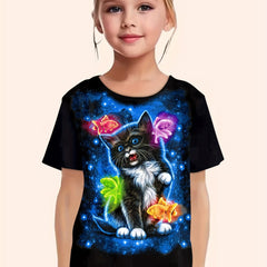3D Kitty Print Short Sleeve T shirt Girls Comfy Pullover