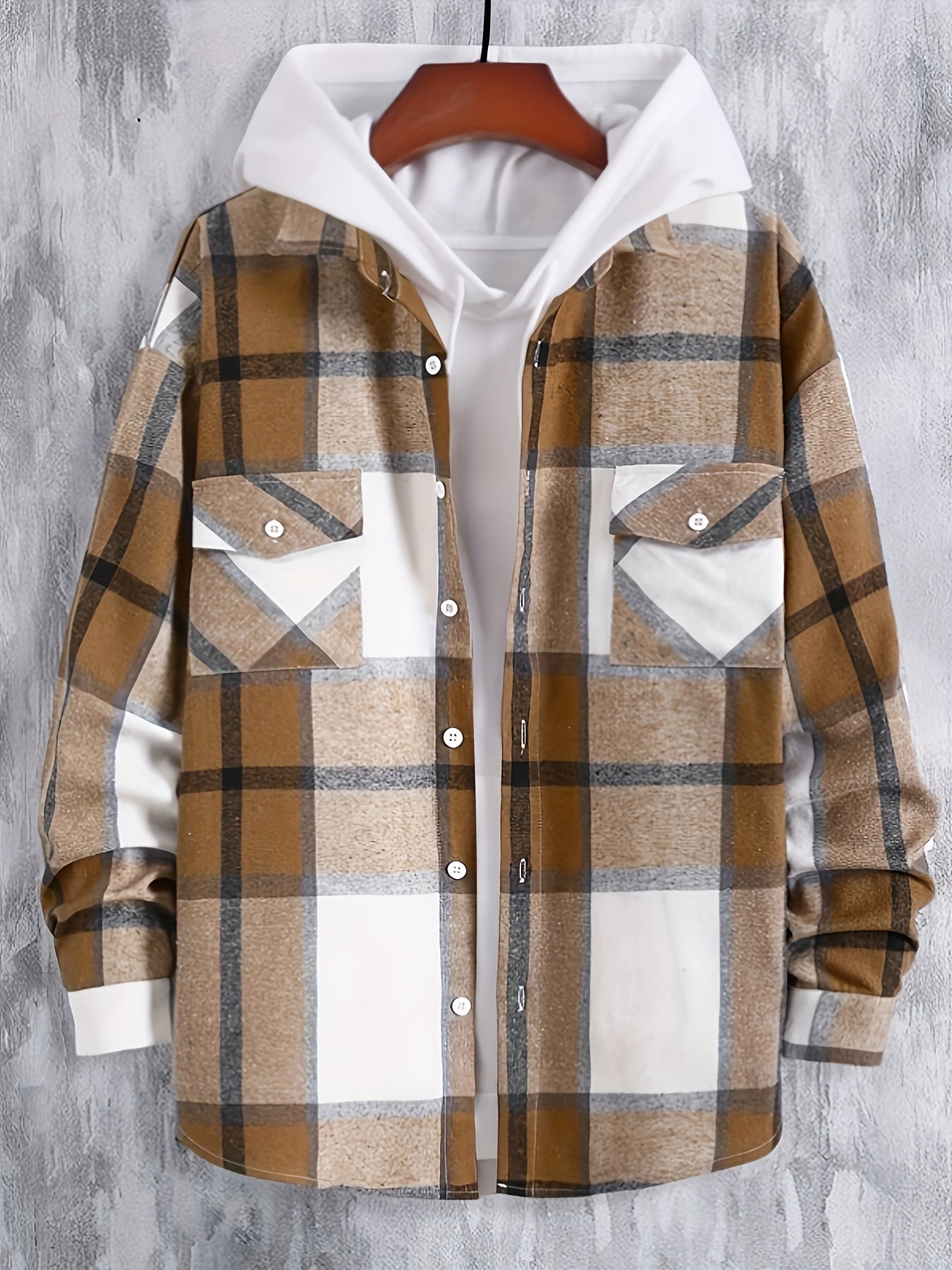 Plaid Button Up Hooded Shirt for Men
