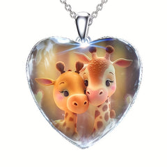 Mother And Child Giraffe Animal Heart Pendant Necklace
