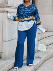 Women's Plus Marble Print Top & Pants Outfits Set