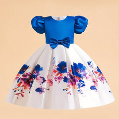 Boho Flowers Formal Dress With Bow And Puff Sleeve For Little Girls
