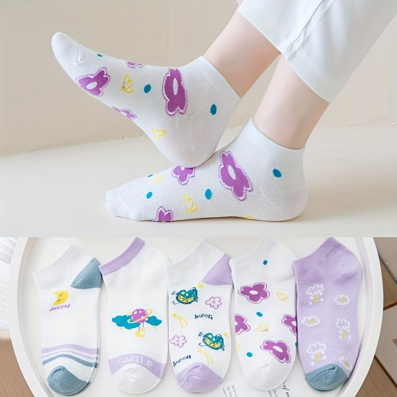 5 Pairs Floral Print Socks & Lightweight Low Cut Ankle Socks
