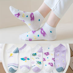 5 Pairs Floral Print Socks & Lightweight Low Cut Ankle Socks