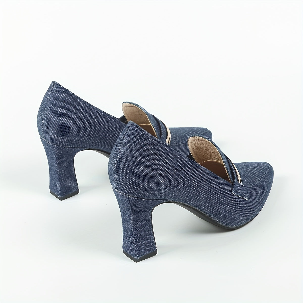 Women's Denim Loafers Pumps Pointed Toe Slip On Chunky Heels