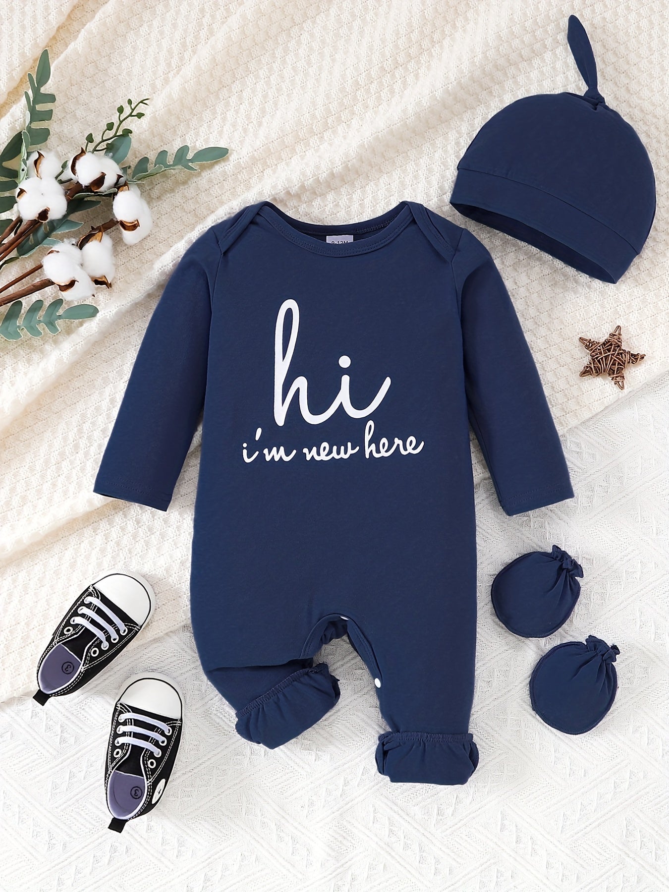 Hi I m Here Letter Print Unisex Baby Romper Hat Gloves Set