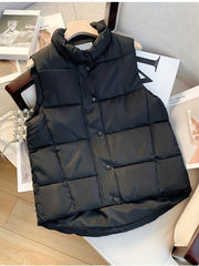 Button Front Puffy Jacket Sleeveless Fall Winter Women's Clothing