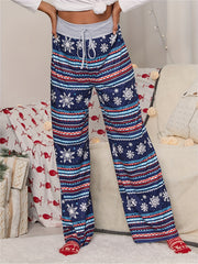 Christmas Print Wide Leg Pants Casual Drawstring Pants
