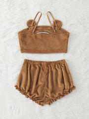 Cartoon Print Pajama Set Flannel Cami Top & Ruffle Shorts