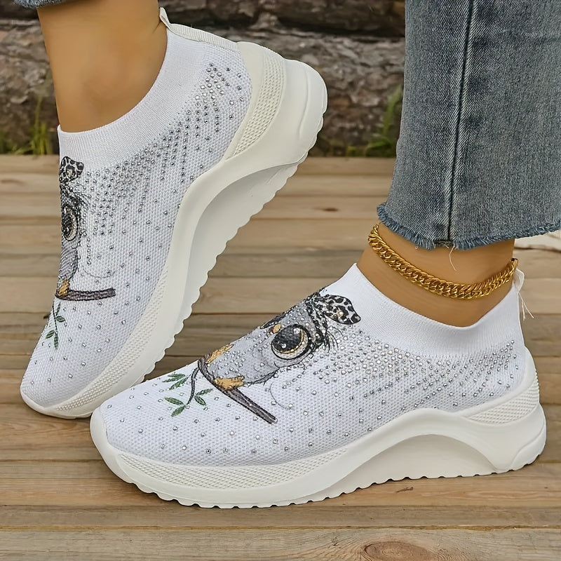 Women's Owl Cartoon Print Rhinestone Tennis Shoes Lightweight Non slip