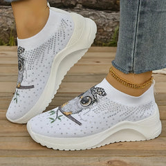 Women's Owl Cartoon Print Rhinestone Tennis Shoes Lightweight Non slip