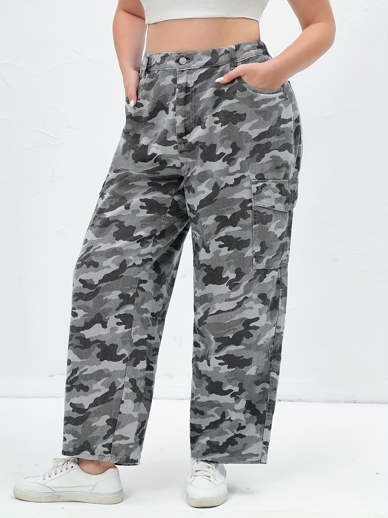 Camo Print High Rise Wide Leg Cargo Jeans