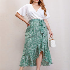 Colorblock Floral Ruffle Sleeve Dress