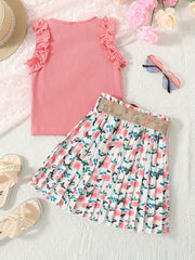 Girls Ribbed Lace Cuffs Top & Boho Flowers Pleated Skirt Set