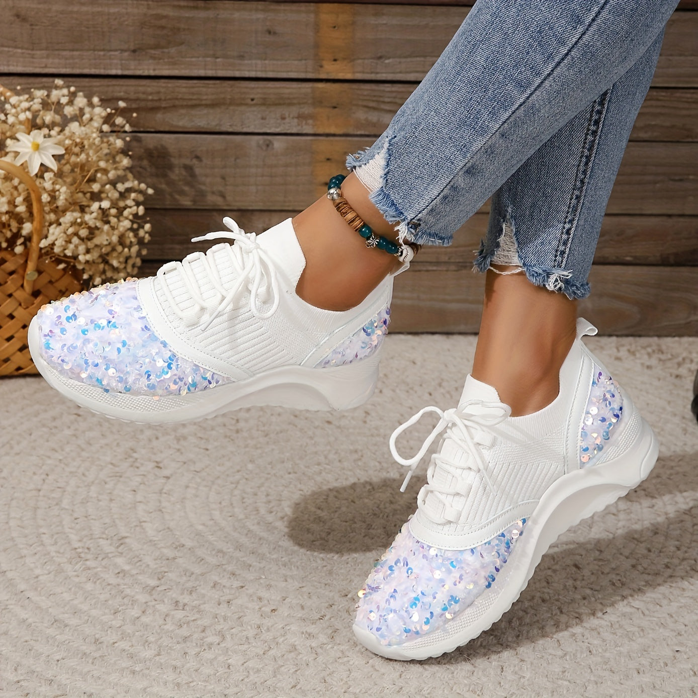 Glitter Sequins Platform Sneakers Lace Up Knit Shoes