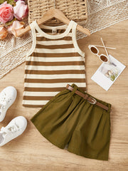 3pc Toddler Girls Striped Tank Top & Shorts Set Kids Summer Clothes