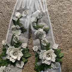 3D Floral Bridal Wedding Dress Gloves Ivory Mesh Flowers Holiday Accessory