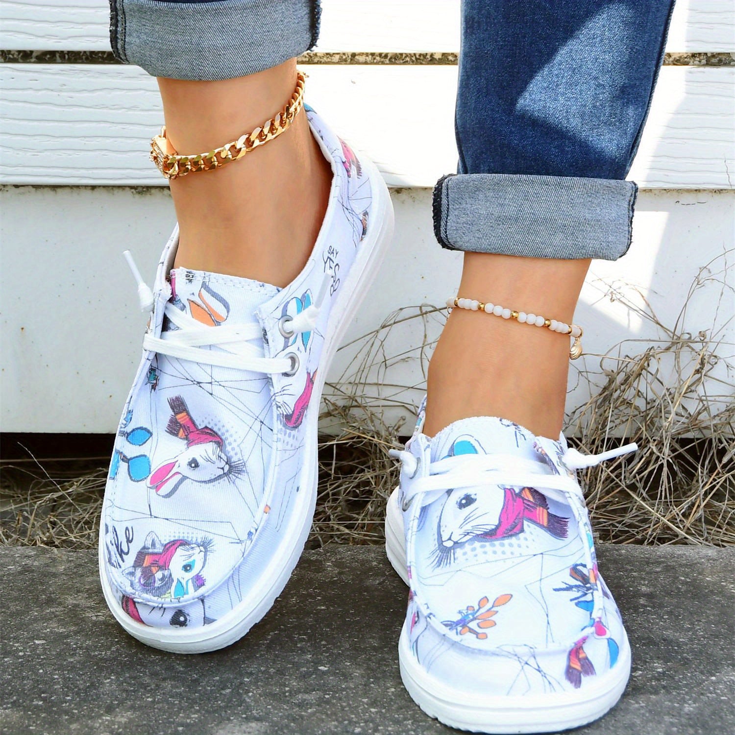 Women's Cartoon Rabbit Boat Shoes Lace Up Canvas Lightweight Walking Shoes