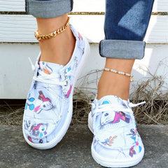 Women's Cartoon Rabbit Boat Shoes Lace Up Canvas Lightweight Walking Shoes