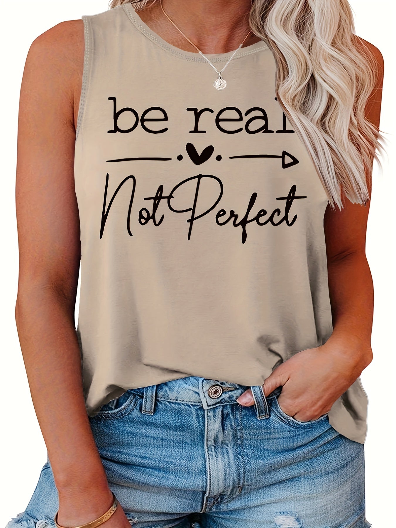 Casual Tank Top Women's Plus Slogan Print Round Neck Tank