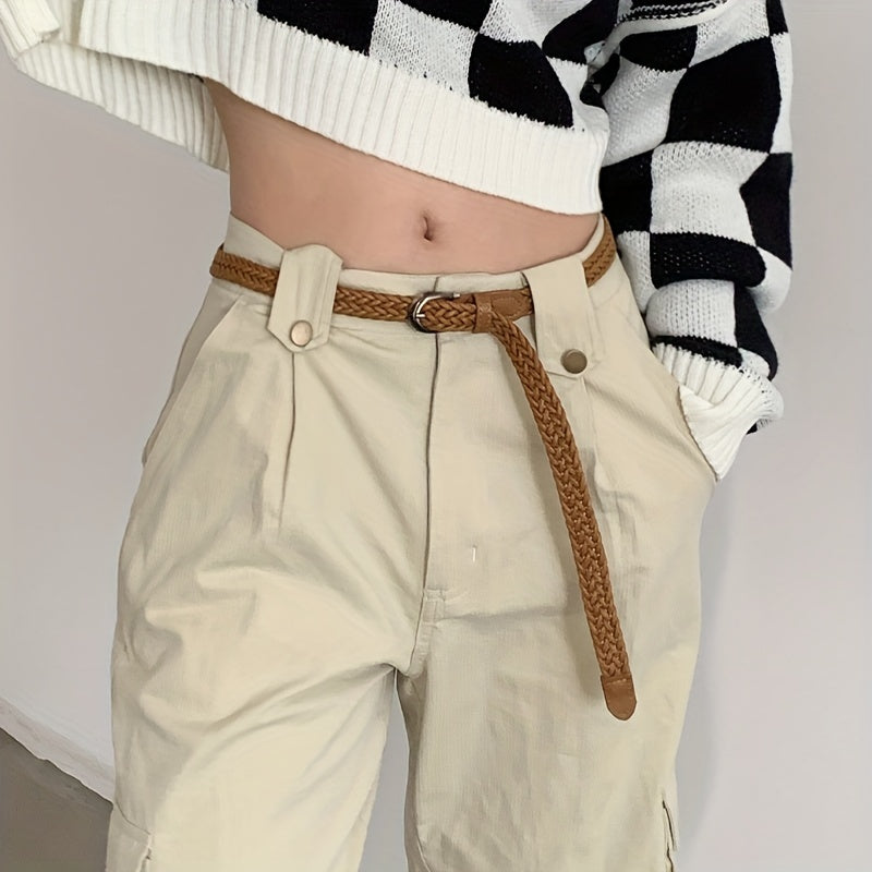 Vintage PU Leather Thin Belt Braided Pattern Pin Buckle Casual Jeans Pants Belt