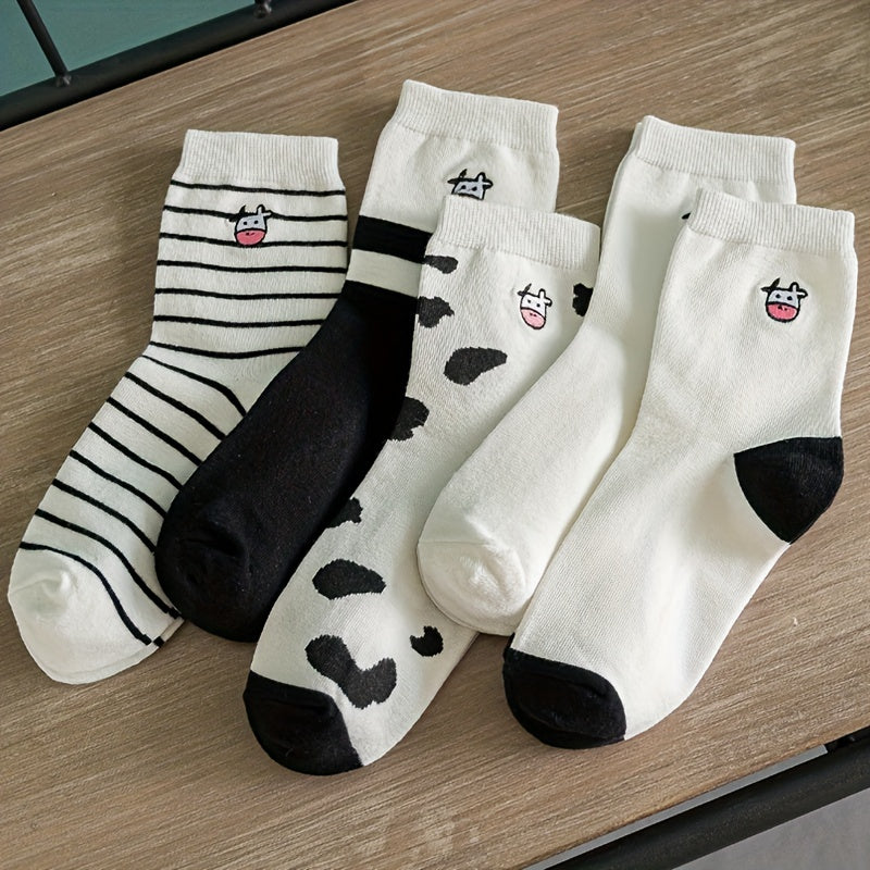 10 Pairs Cartoon Cow Print Socks Comfy & Striped Crew Socks