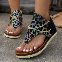 Leopard Print Toe Woven Flat Sandals Women's Back Zipper Summer Sandals