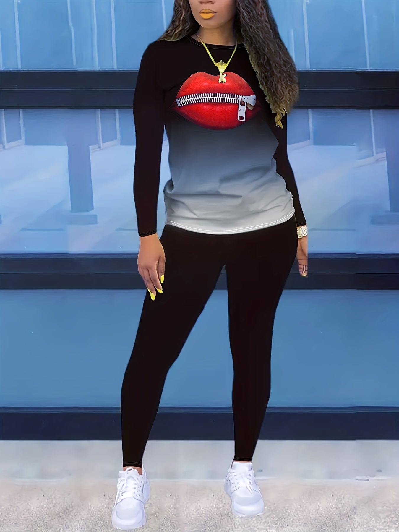 Women's Plus Ombre & Lip Print Top & Leggings Set