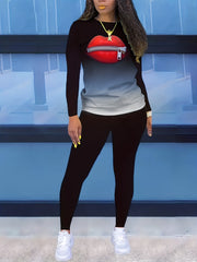 Women's Plus Ombre & Lip Print Top & Leggings Set