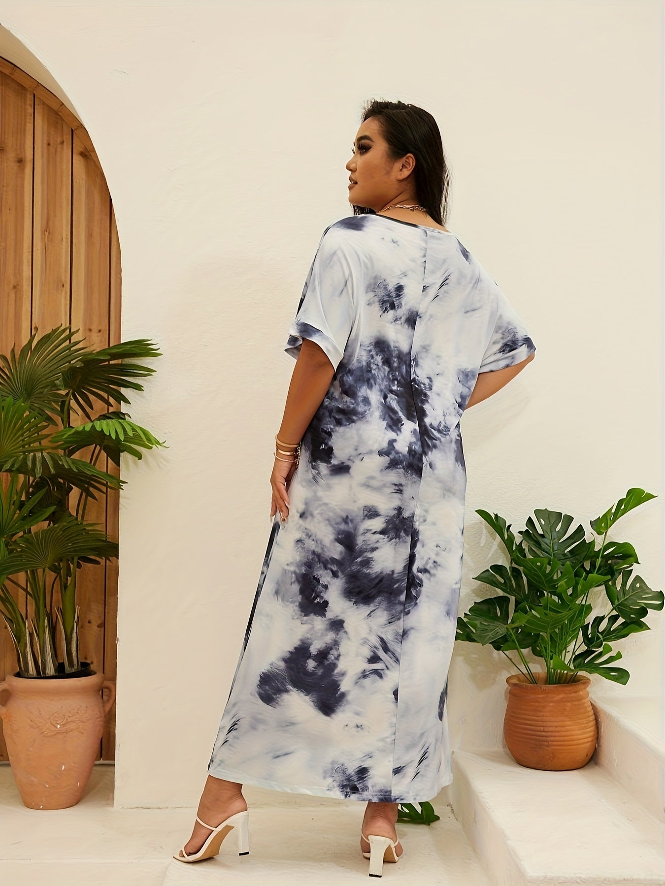 Tie Dye Short Sleeve Nightdress V Neck Loose Sleep Dress