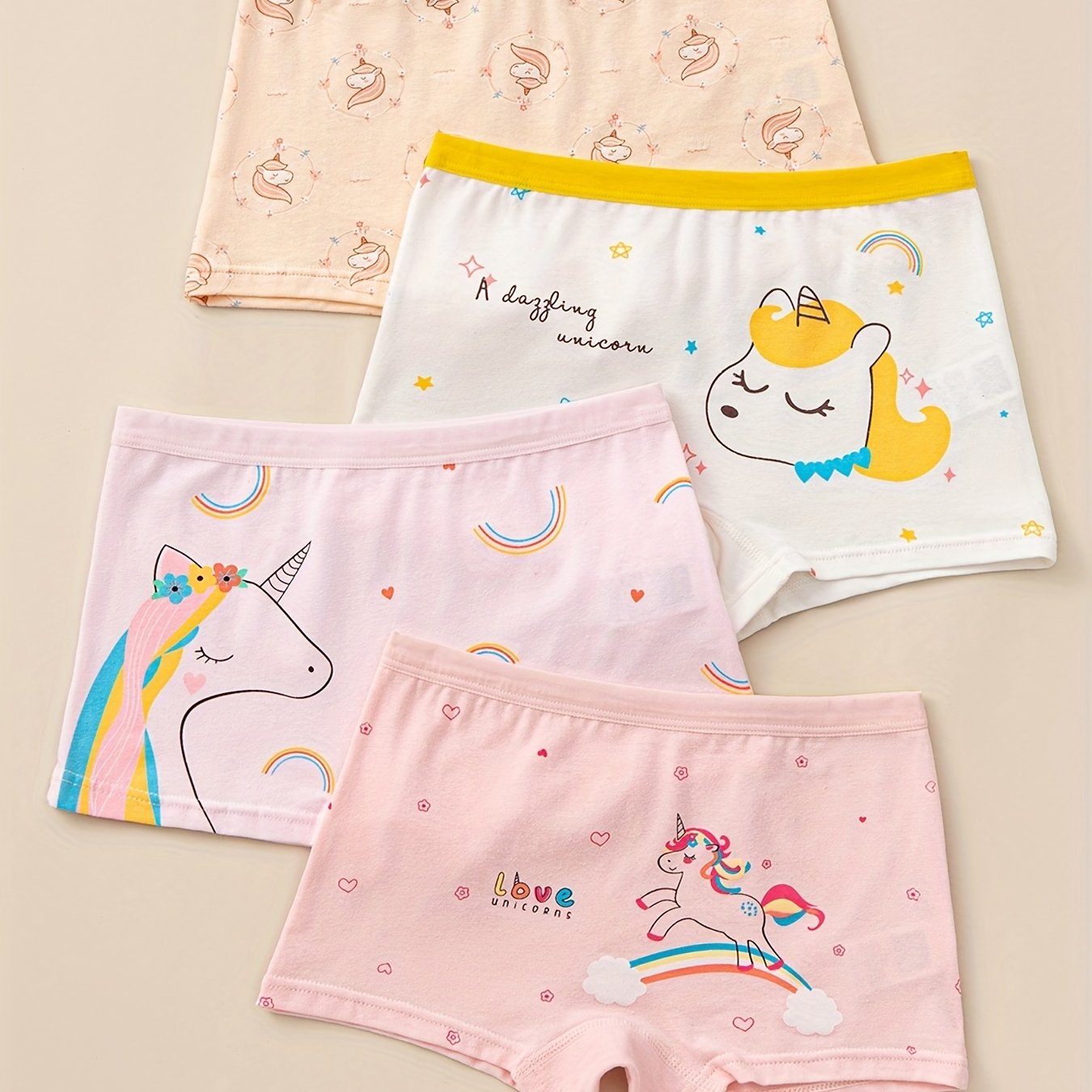 4pcs Cotton Boxer Briefs for Girls Cartoon Pattern Elastic Waist Shorts