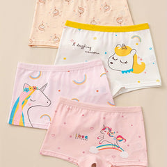 4pcs Cotton Boxer Briefs for Girls Cartoon Pattern Elastic Waist Shorts