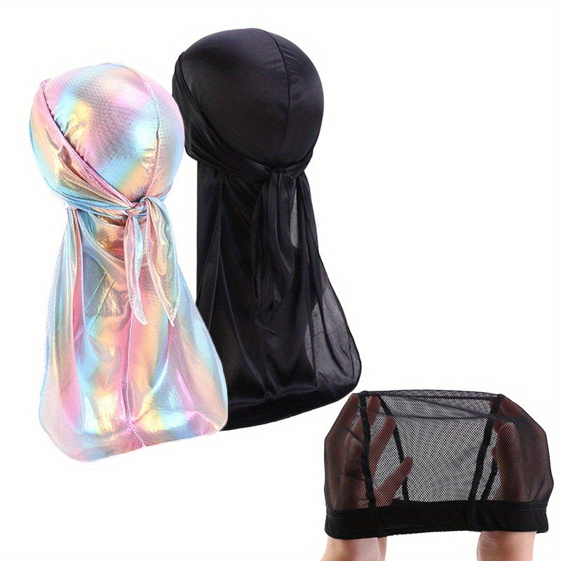 3pcs Silky Durags Wave Cap Set High Stretch Elastic Satin Extra Long Tails