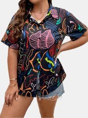 Casual Blouse Women's Plus Turn Down Leaf Print Short Sleeve