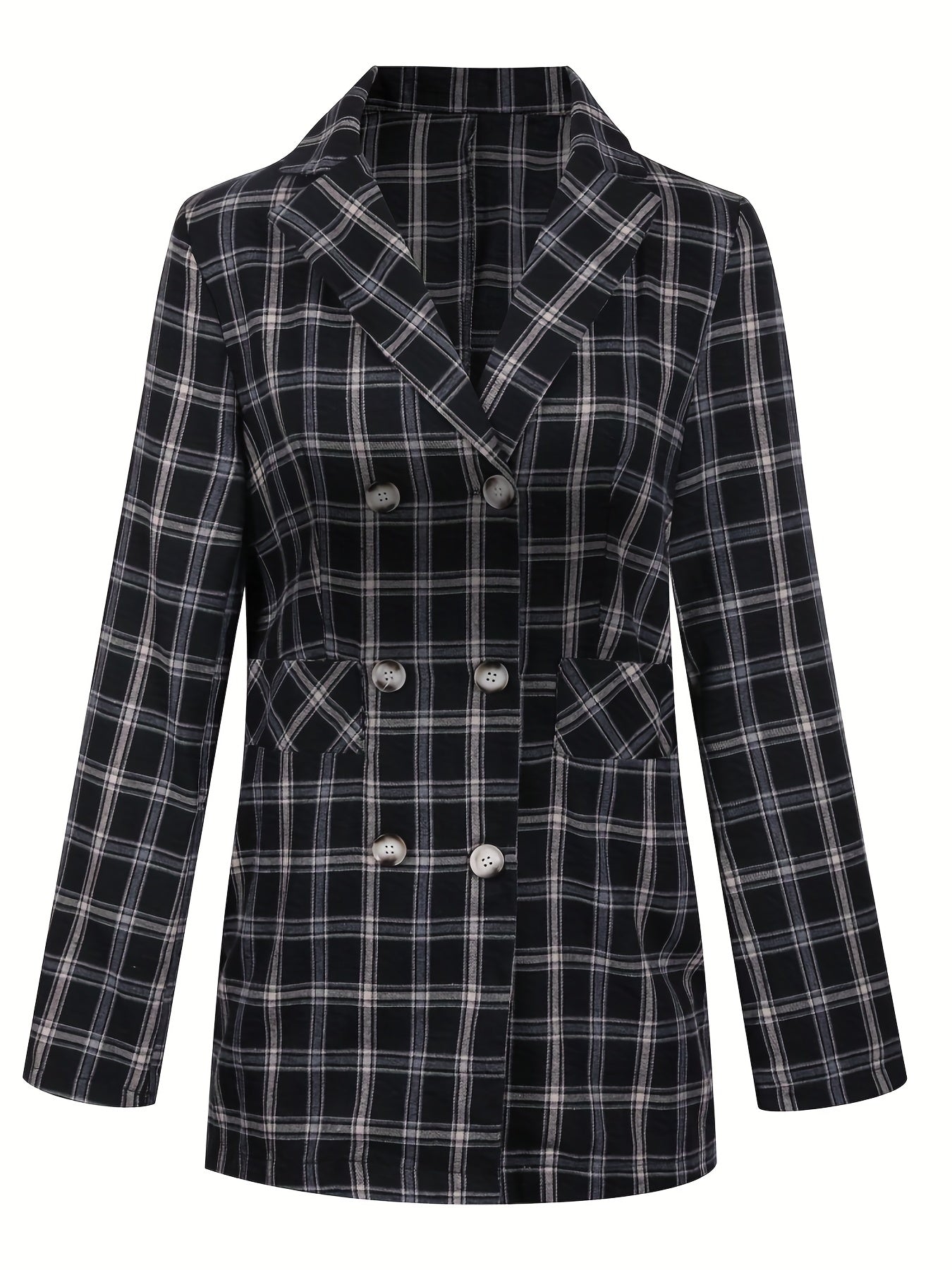Plaid Double Breasted Lapel Neck Blazer Long Sleeve Casual Blazer