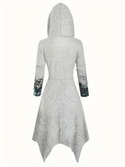 Gothic Graphic Print Hooded Dress Long Sleeve for Women