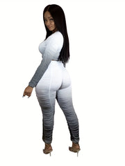 Gradient Ruched 2 Pc Set Crew Neck LS Top & Slim Pants Outfits Women's Clothing