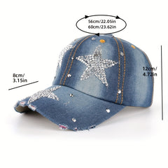 Five Pointed Star Inlaid Diamond Denim Baseball Cap