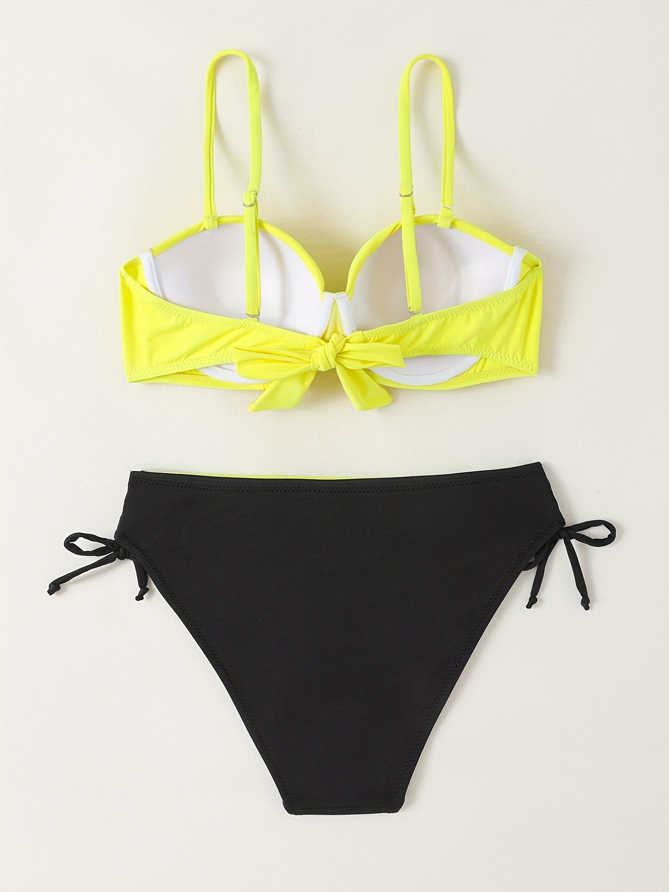 Yellow Ruched Bust Bikini Set Tie Back Contrast Trim Bathing Suit