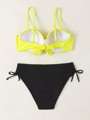 Yellow Ruched Bust Bikini Set Tie Back Contrast Trim Bathing Suit