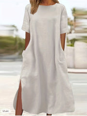 Solid Dress Crew Neck Short Sleeve Maxi Dress