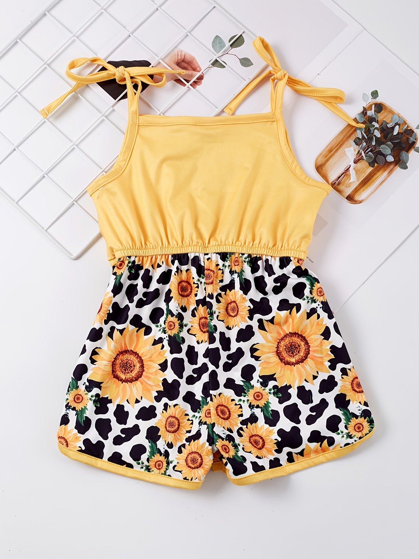 Toddler Girls Cow & Sunflower Cami Romper Beach Vacation Summer Clothes