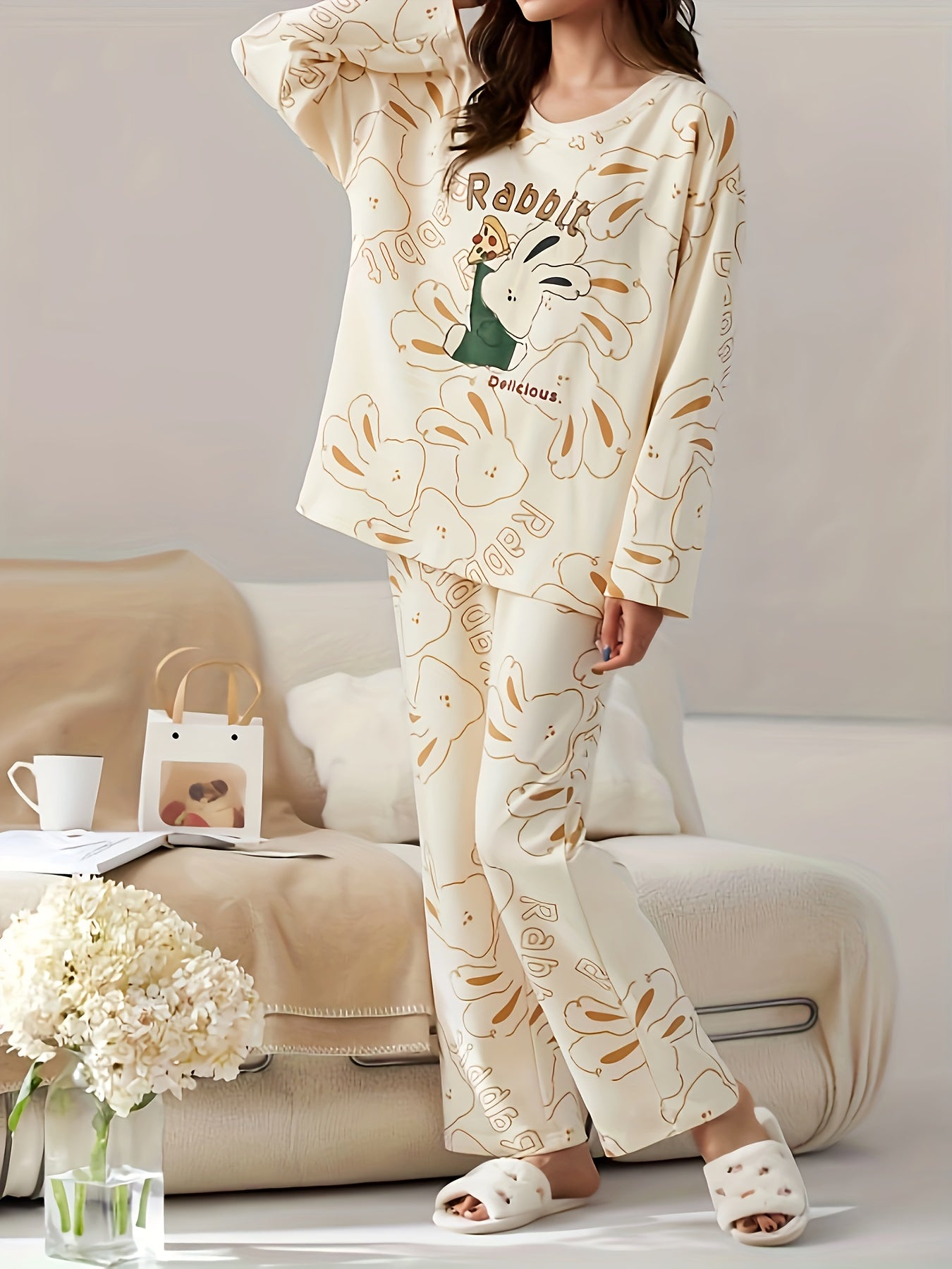 Bunny Print Pajama Set Long Sleeve Top & Pants Women's Sleepwear