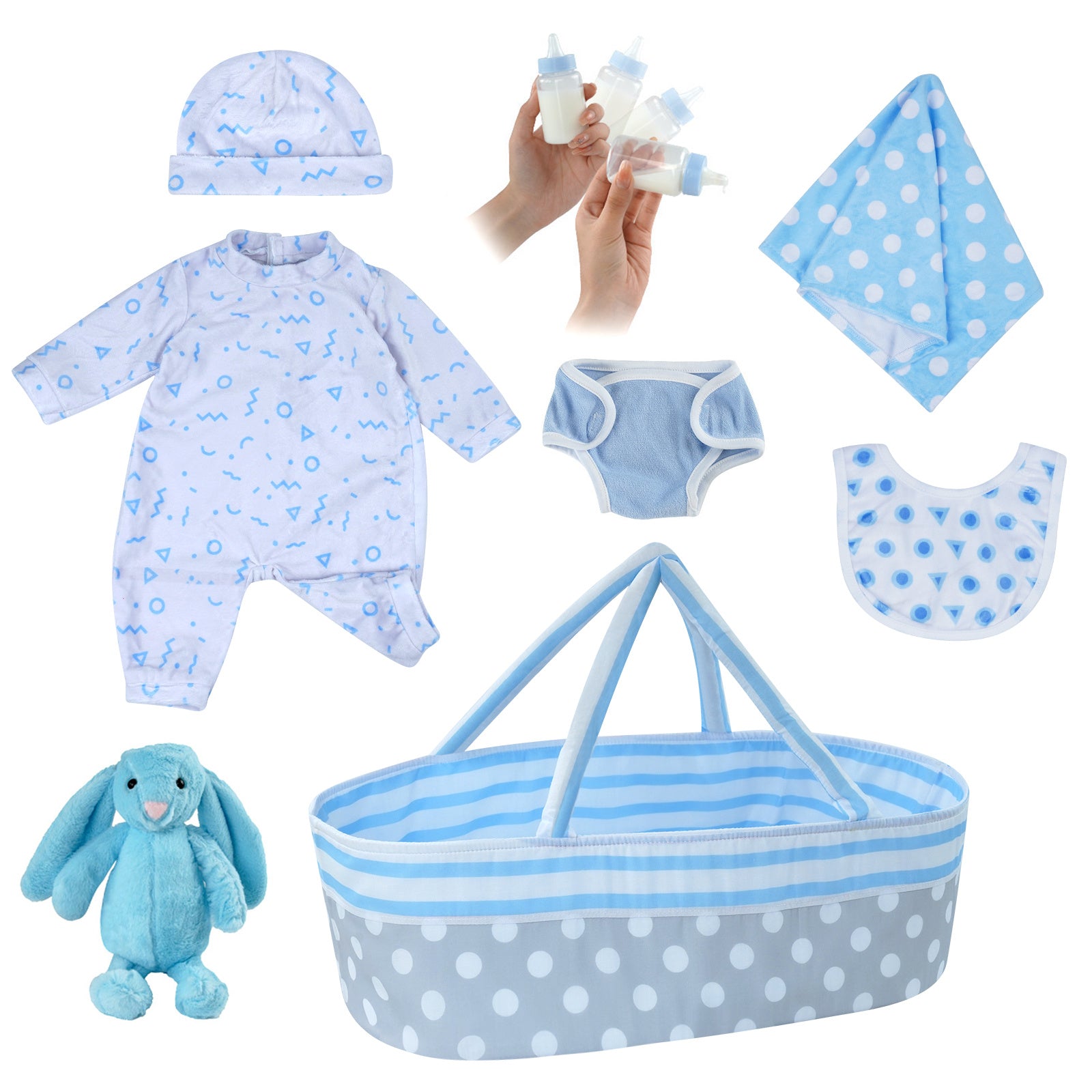 8pcs Reborn Baby Doll Accessories With Basket for 43-55 Baby Doll Clothes Outfit