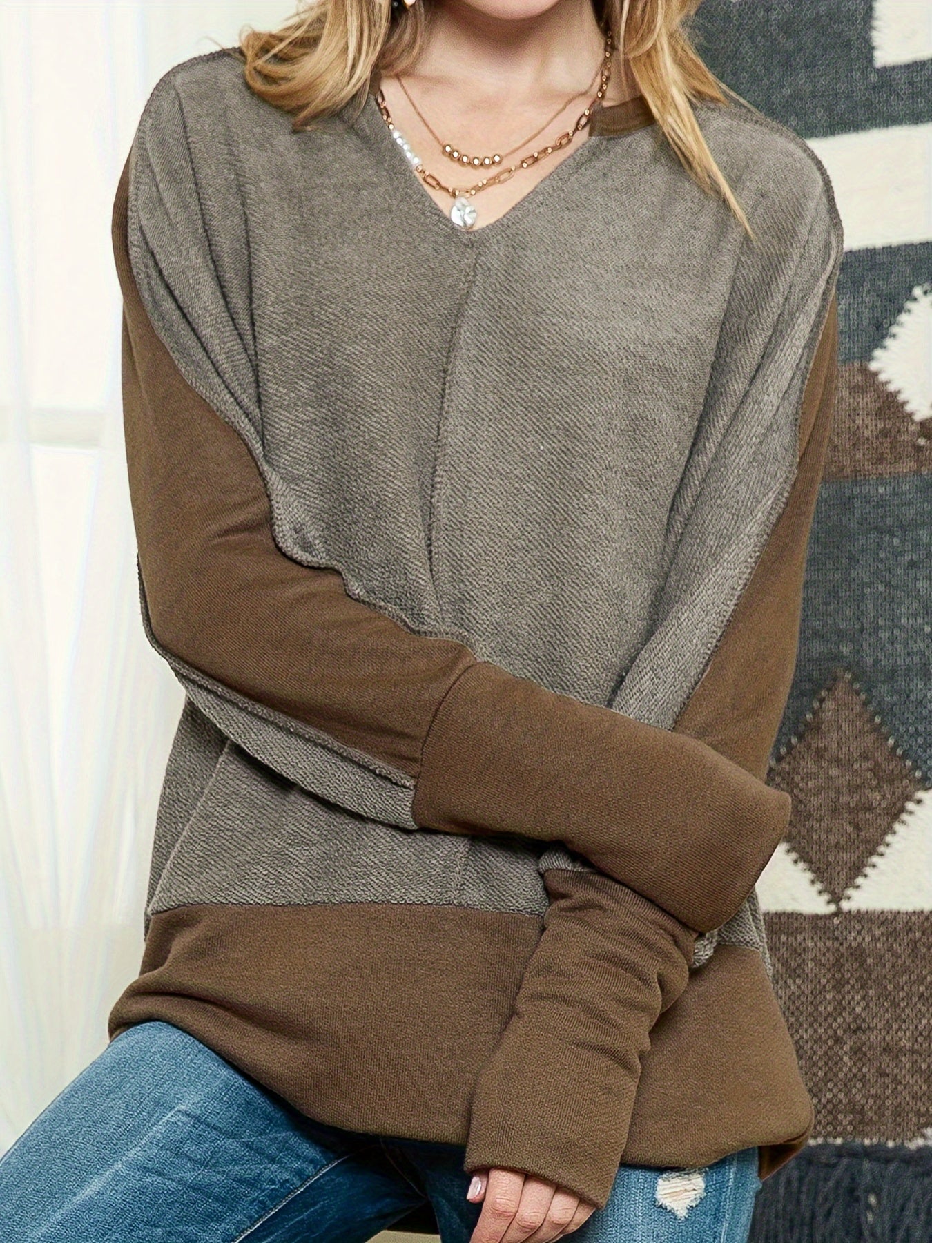 Retro Block Long Sleeves V Neck T shirt
