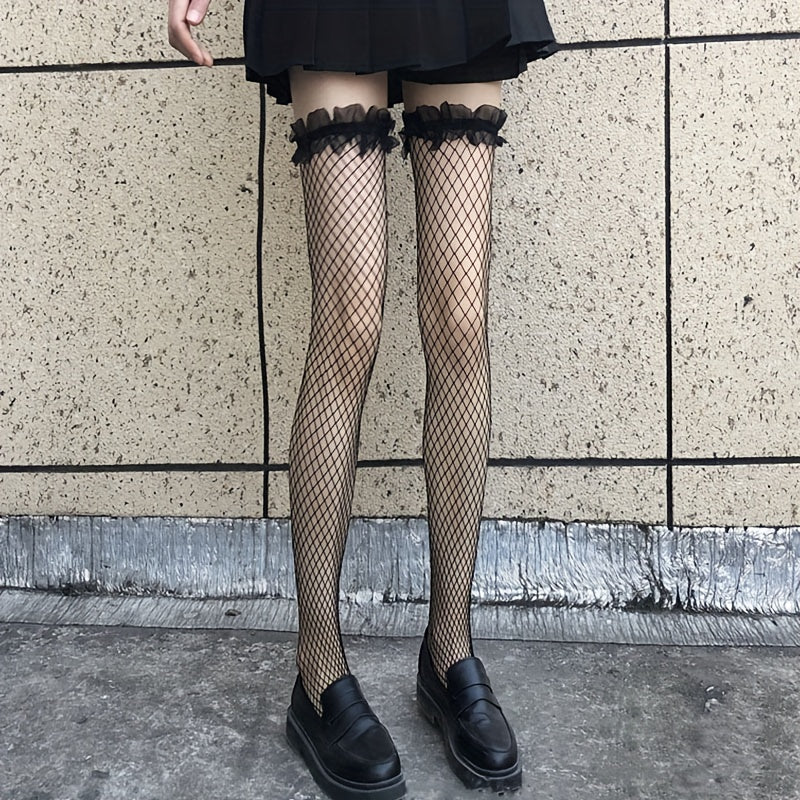 Ruffle Fishnet Thigh High Stockings Hollow Out Over The Knee Socks