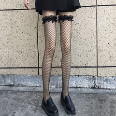 Ruffle Fishnet Thigh High Stockings Hollow Out Over The Knee Socks