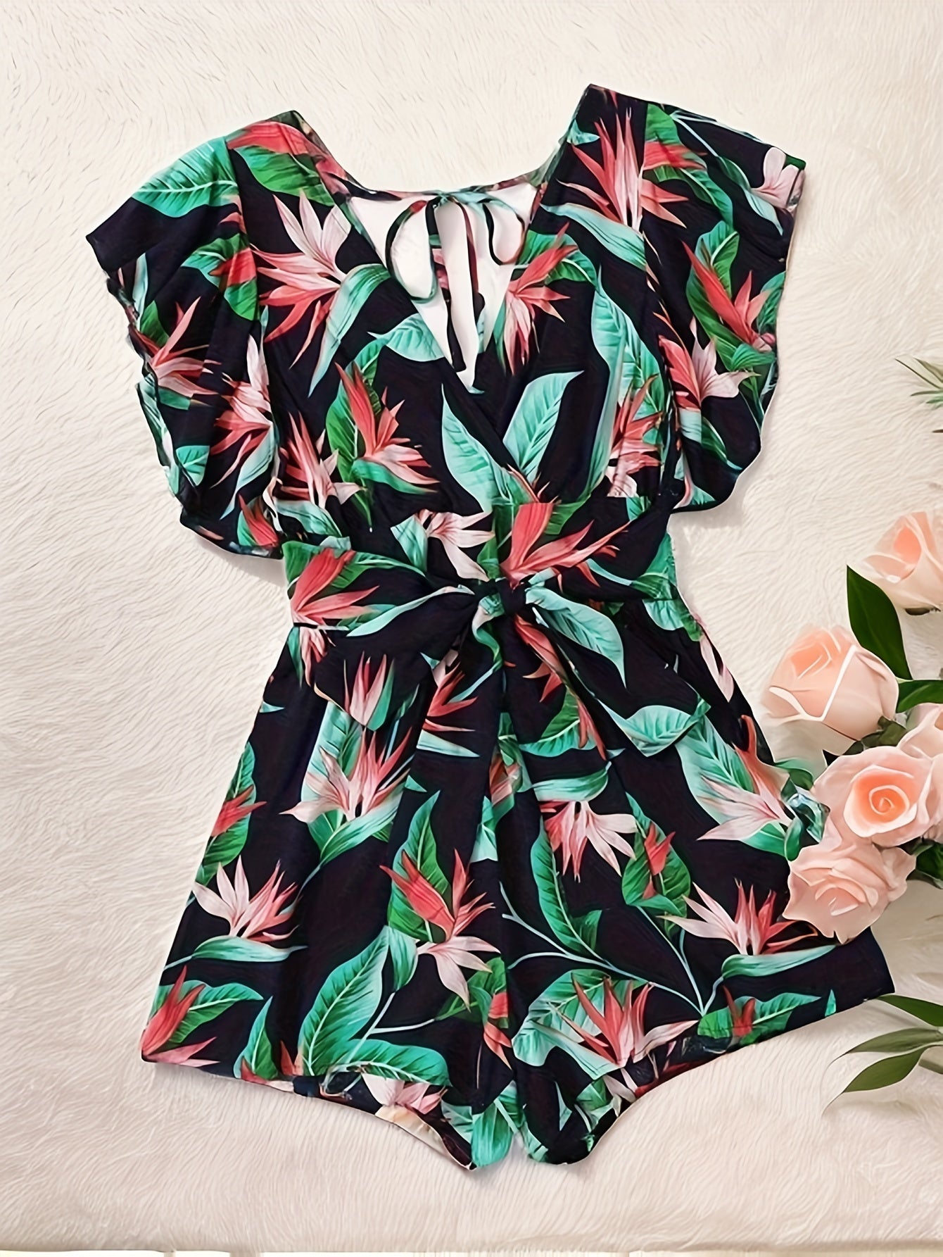 Women's Plus Tropical Print Ruffle Sleeve V Neck Knot Romper
